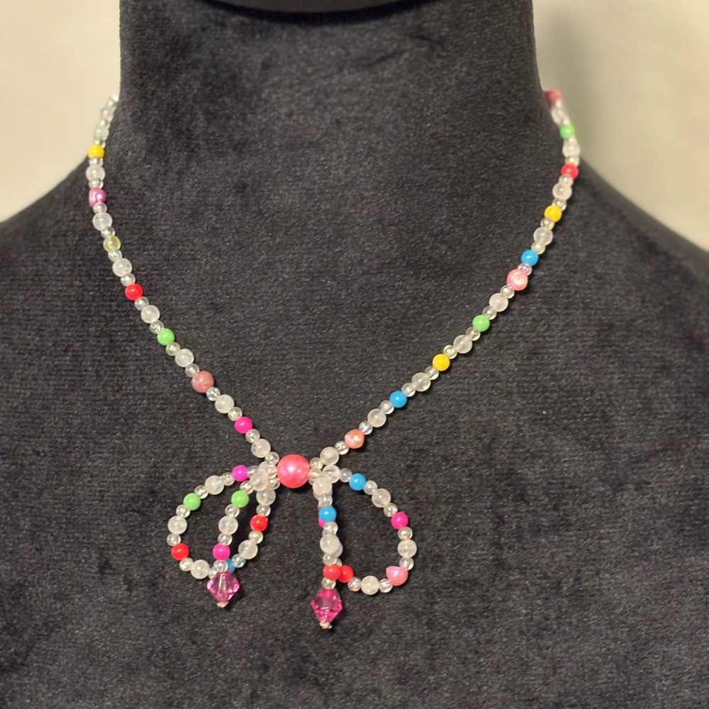 Handmade Colorful Beaded Necklace with Bow Accent